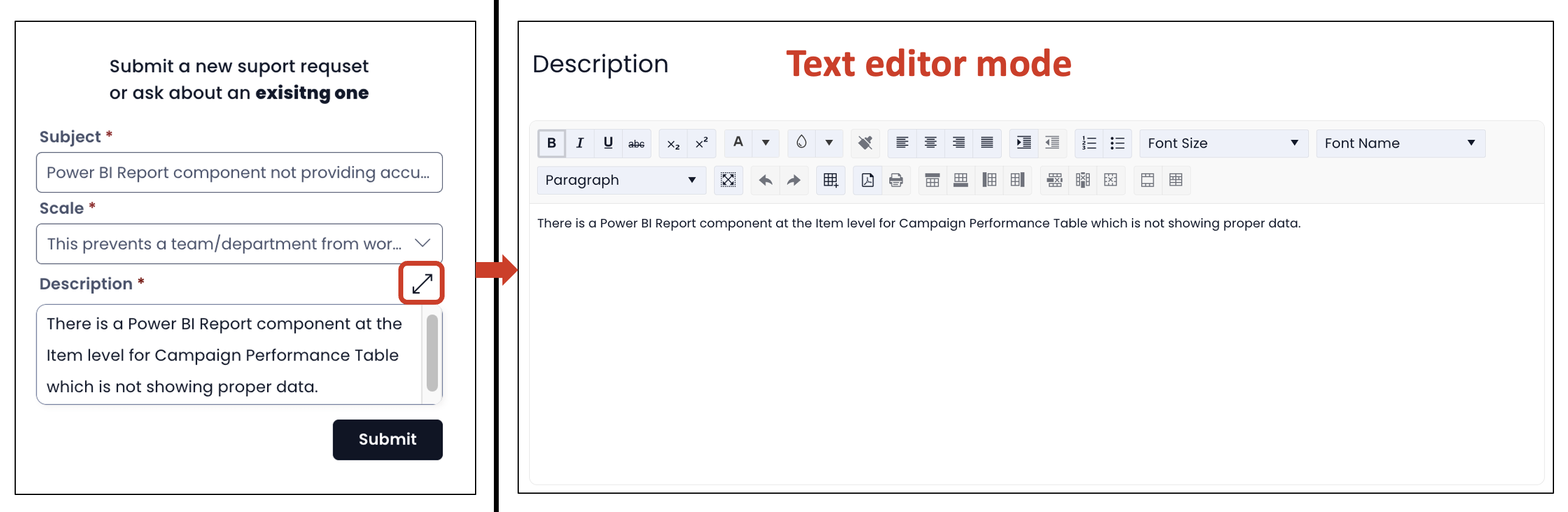 Image showing how to enter text editor mode for Description field